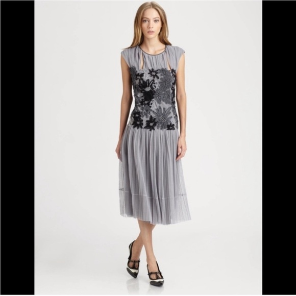 Tory Burch Faith Dress XS grey floral double lined midi sleeveless FLAW (bin G) - Picture 3 of 16